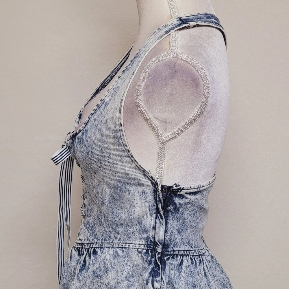 80s Vintage Amy Too Byer California Acid Wash Cotton Lace-up Mini Skater Dress S - Picture 10 of 16